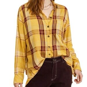 SO Favorite Button Down Plaid Shirt XL Mustard Burgundy Boyfriend Fit
